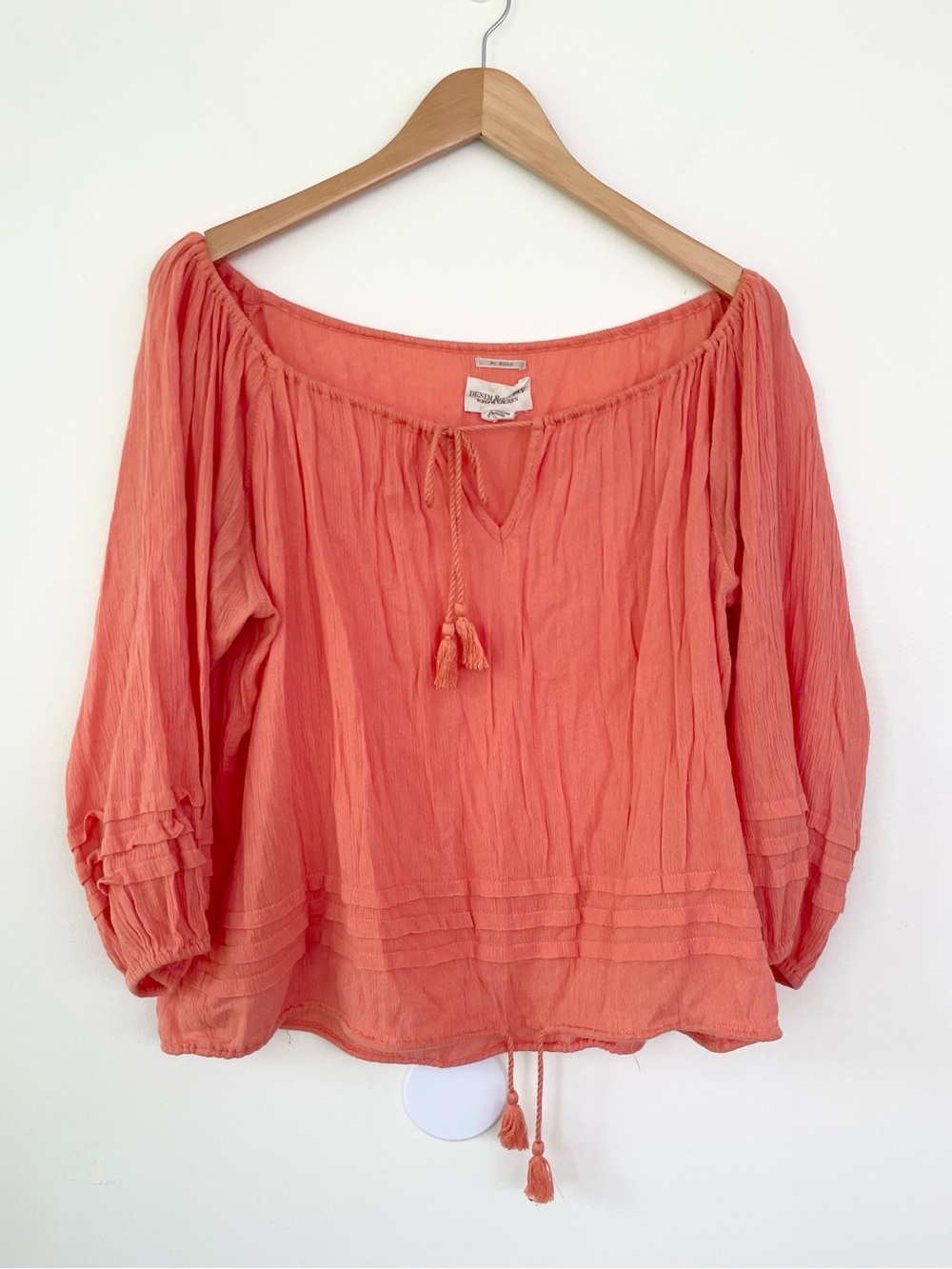 Denim & Supply Ralph Lauren Boho Orange Tassel Puff Sleeve Cotton Blend Top XS
